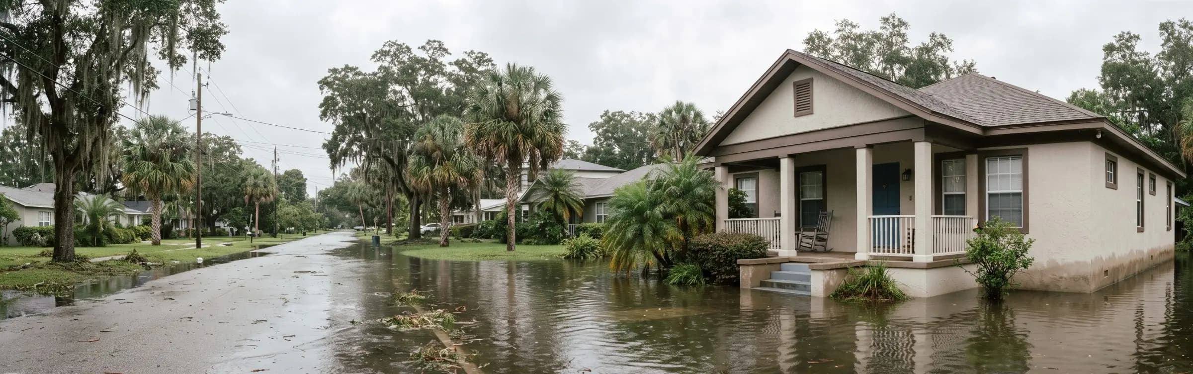 Single-story stucco home in an Orlando neighborhood with floodwater covering the street and lawn after a storm