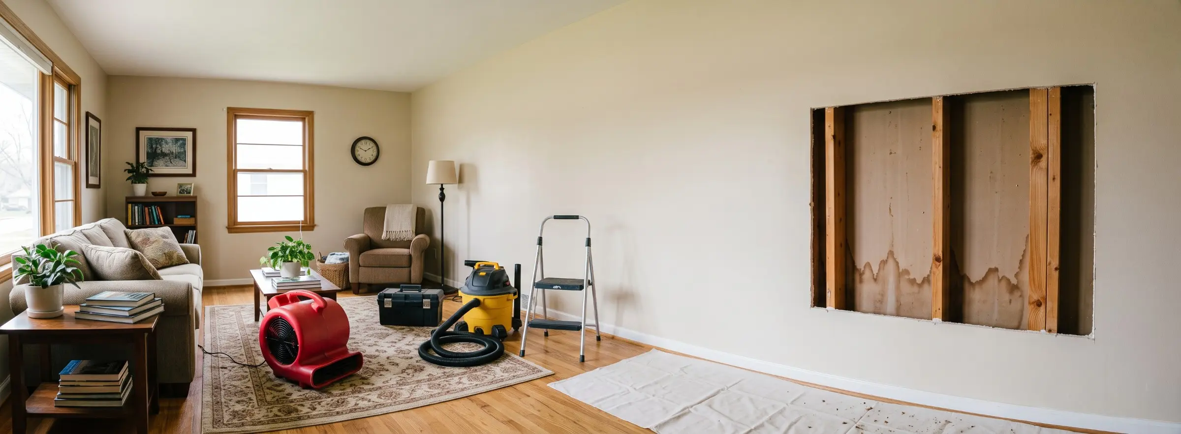 A living room mid-repair with an open wall cutout showing water stained studs, and an air mover, wet-dry vac, and toolbox nearby
