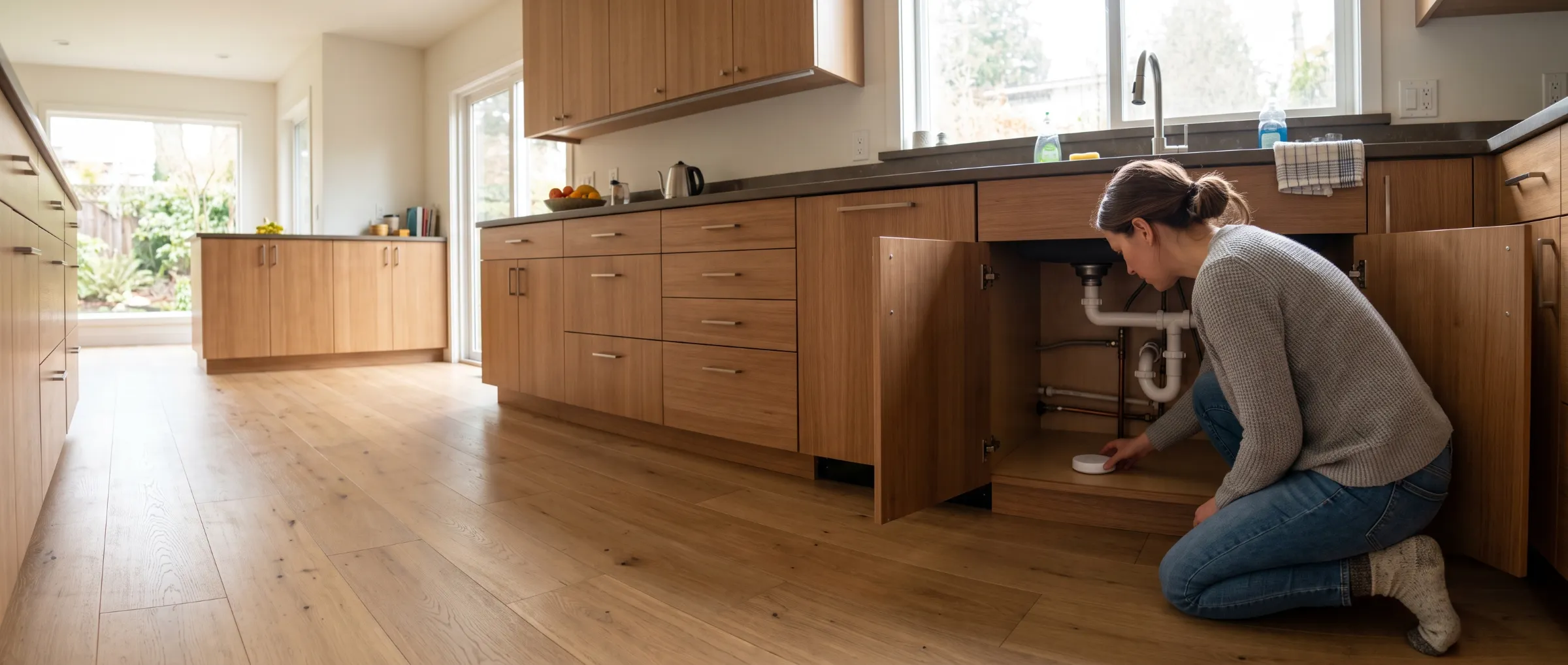 Homeowner kneeling to place a smart water sensor in the cabinet under a kitchen sink