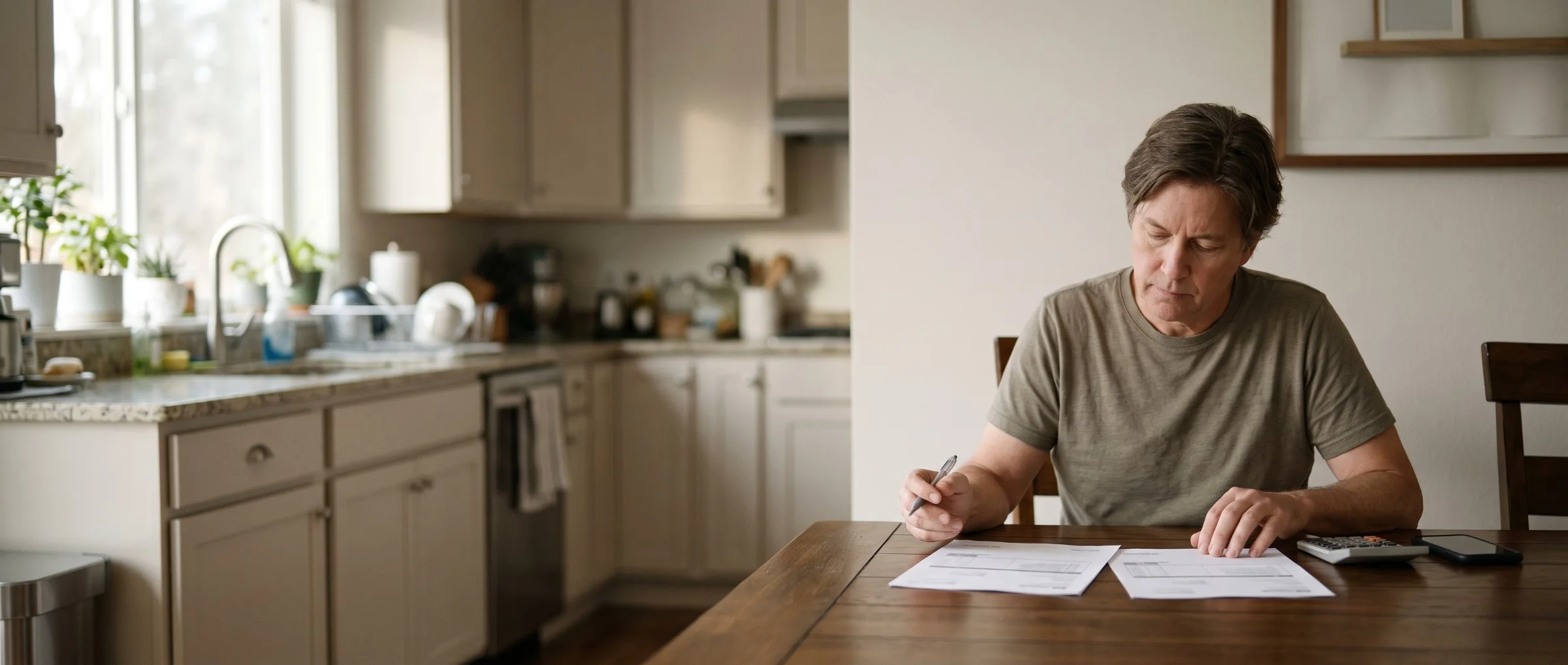 Homeowner reviewing two printed insurance documents at a kitchen table with a pen and calculator