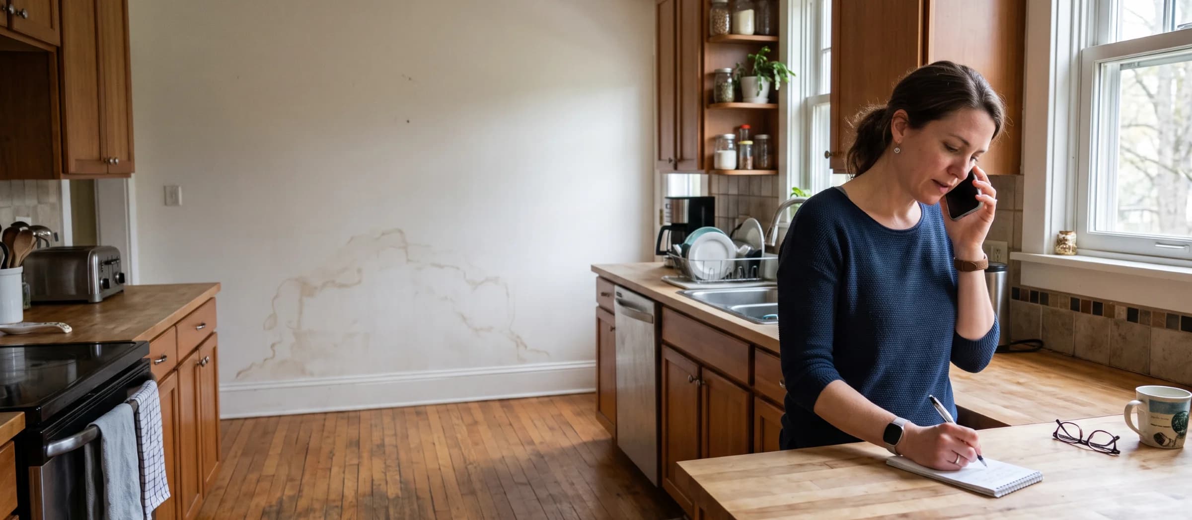 Homeowner on the phone taking notes at her kitchen counter with a water-stained wall visible behind her