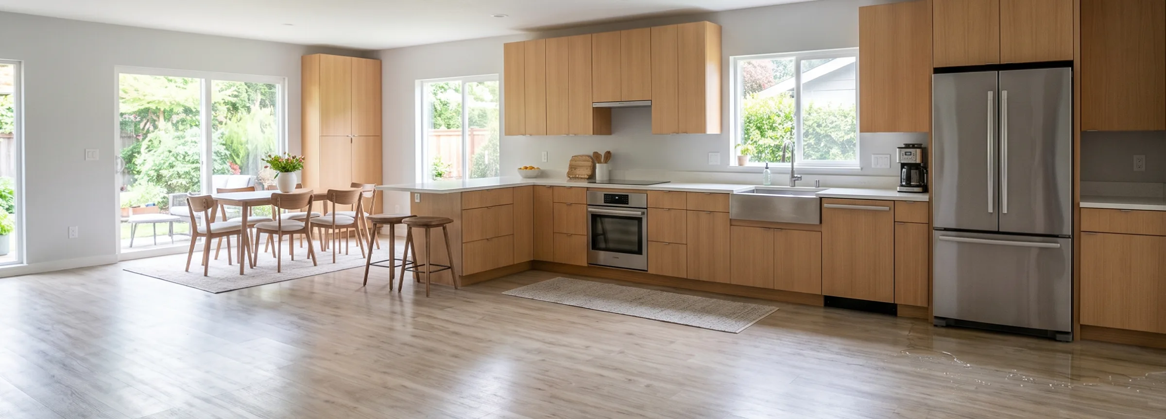 Water pooling on a kitchen floor beside a refrigerator built into a run of cabinetry