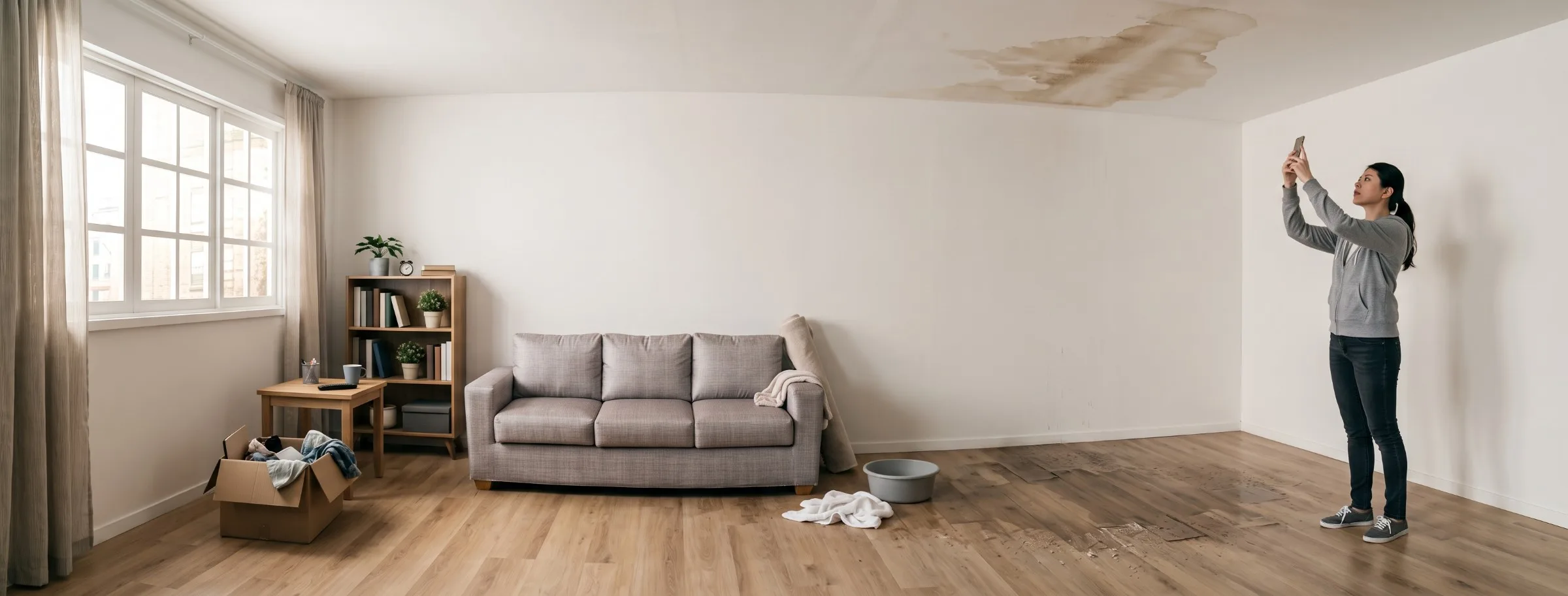 Tenant photographing a water stained ceiling and wet laminate flooring in an apartment living room