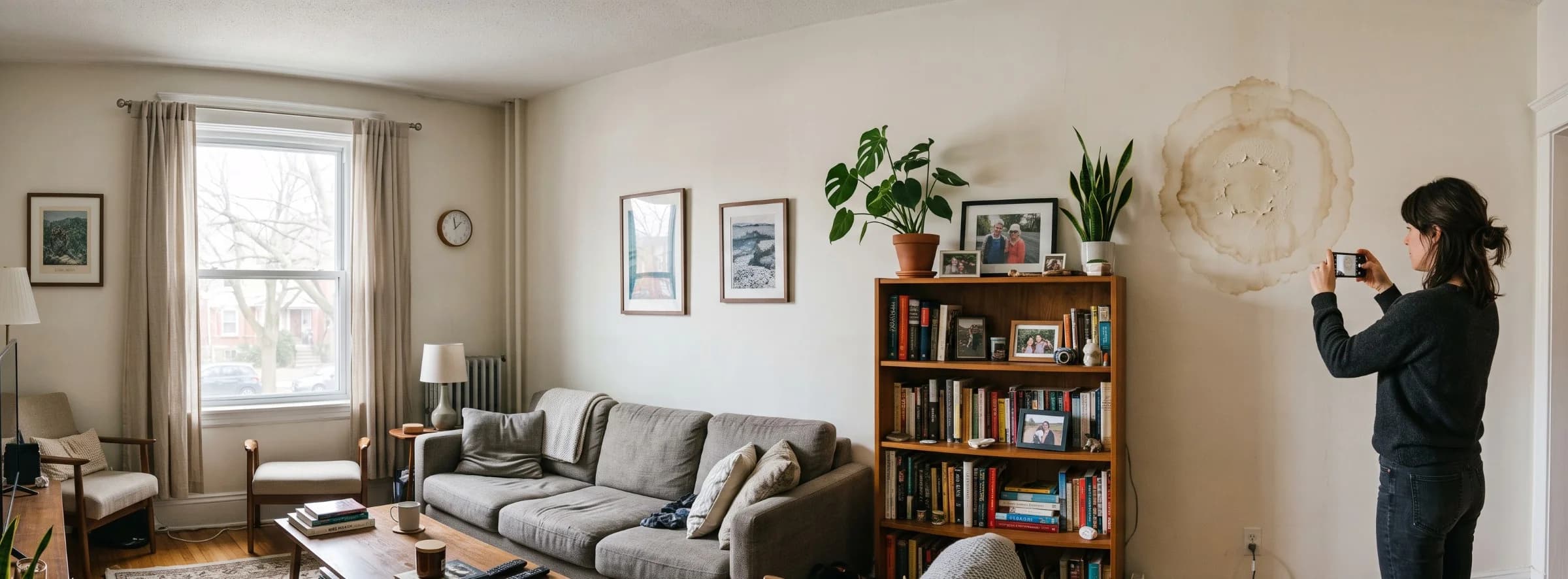 Renter photographing a water-stained wall in her rental apartment living room