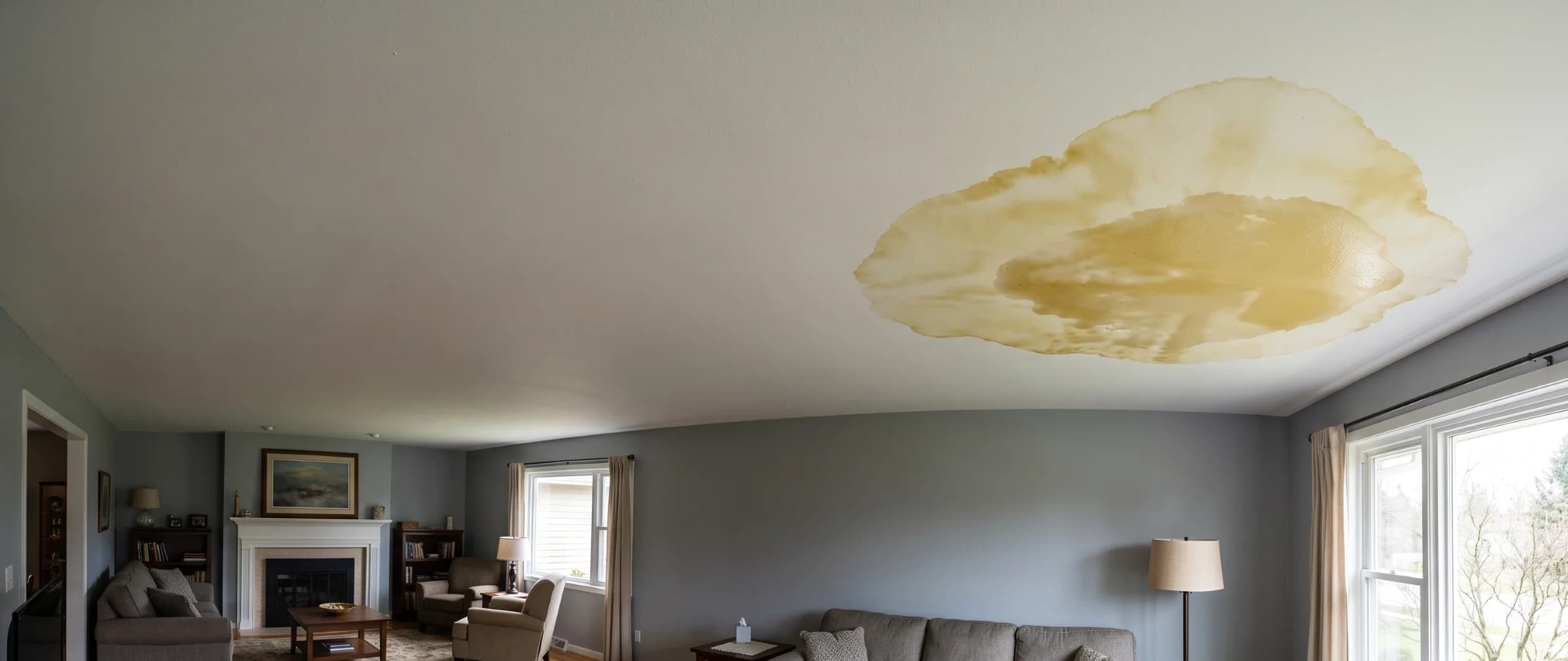 Water stain spreading across a ceiling in the corner of a furnished living room
