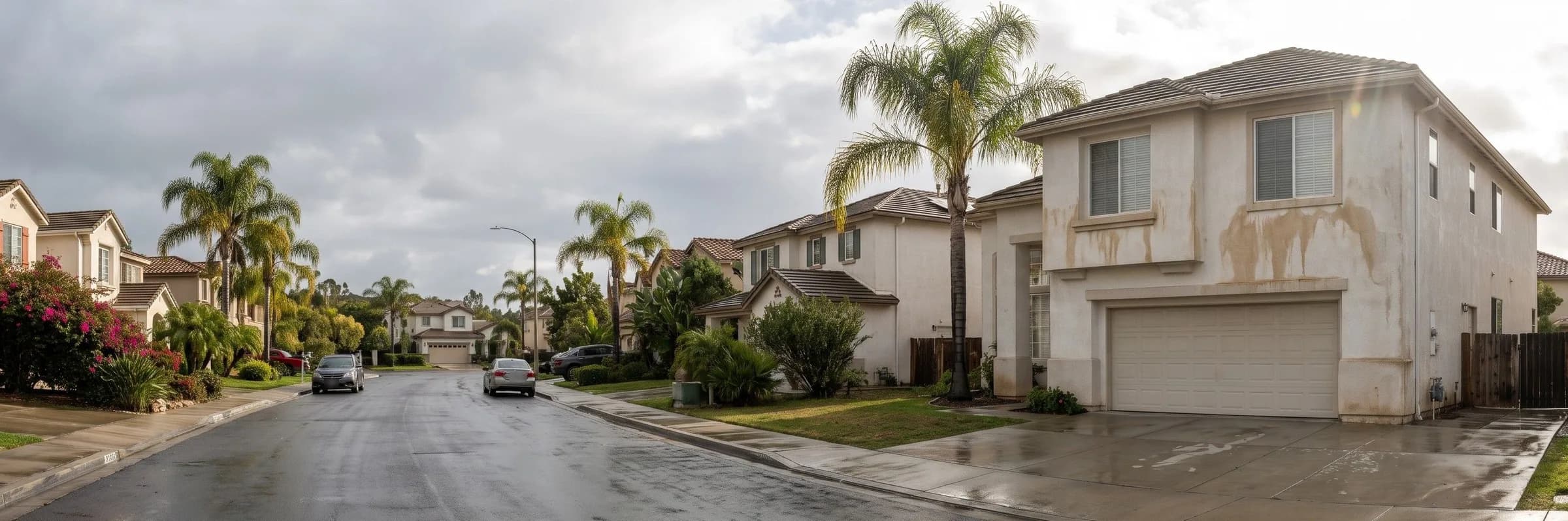 Two story stucco house with a tile roof and two car garage on a wet San Diego street under clearing clouds, with a palm tree beside the driveway and brown water stains running down the front wall below the upper window