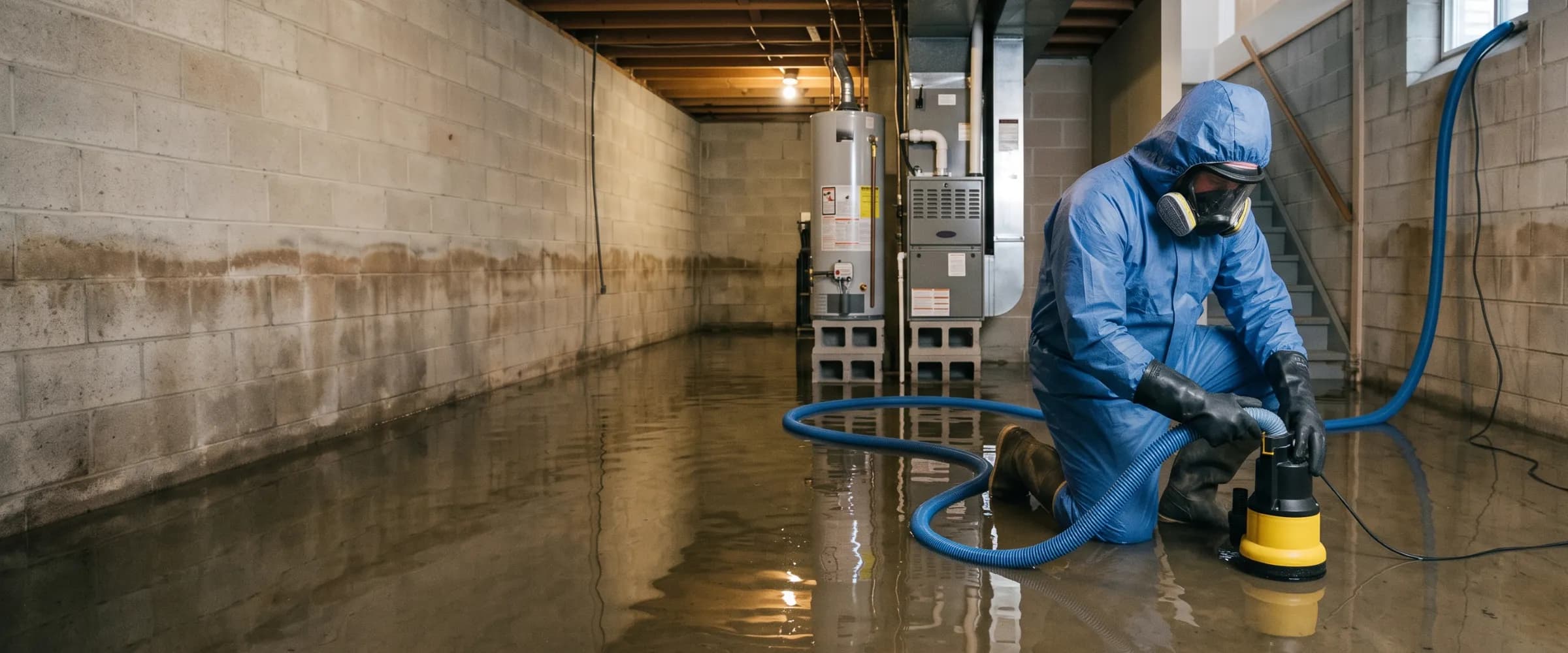 Technician in full protective gear extracting standing water from a residential basement floor with a submersible pump