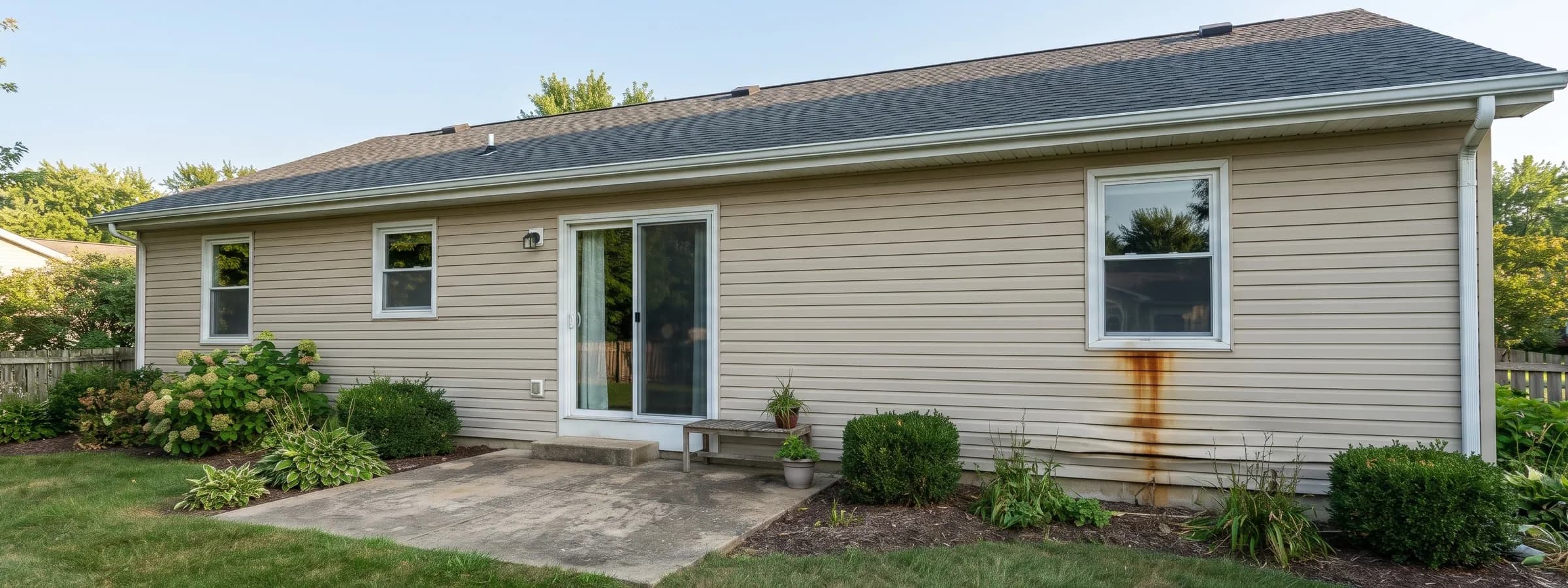 Back of a single-story house with beige vinyl siding and a sliding glass door onto a patio, with a brown water stain running down from beneath a window to warped panels at the base of the wall