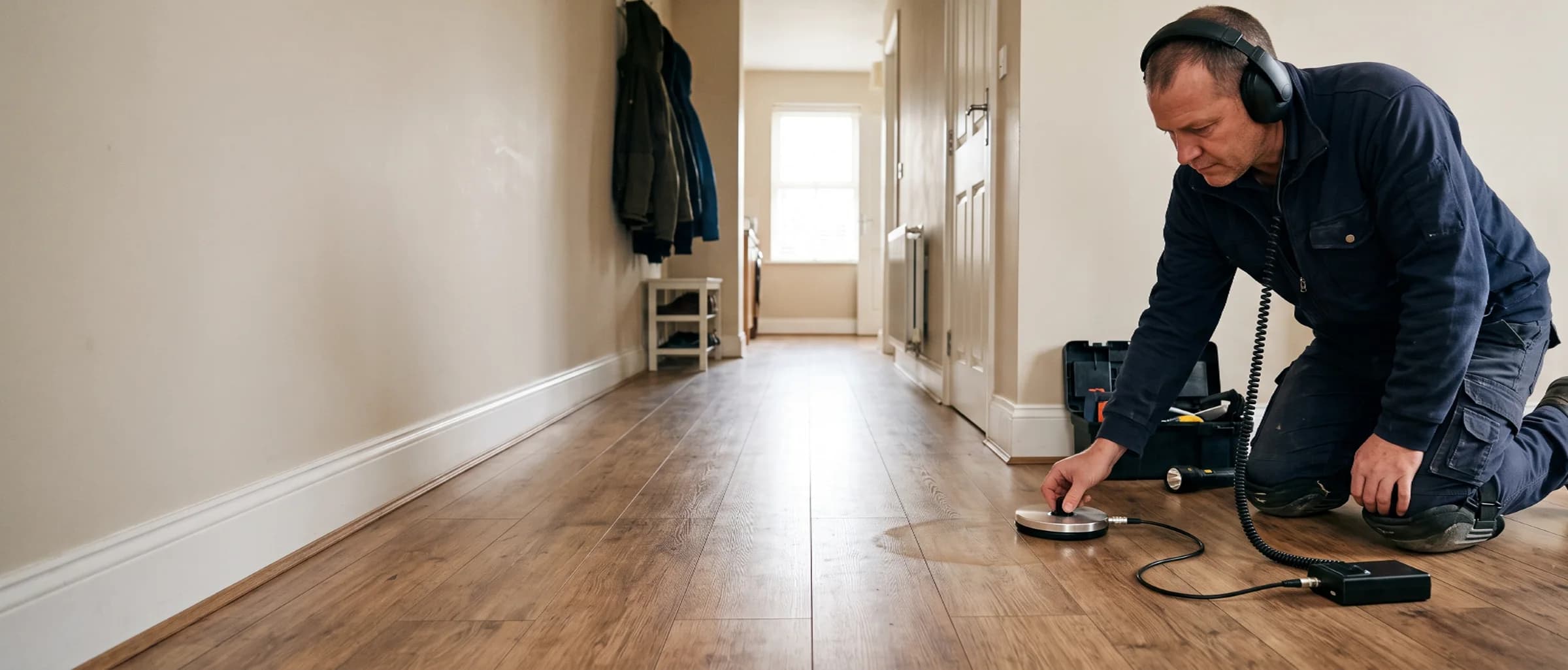 Plumber kneeling on a home's floor using an acoustic leak detection device to locate a slab leak