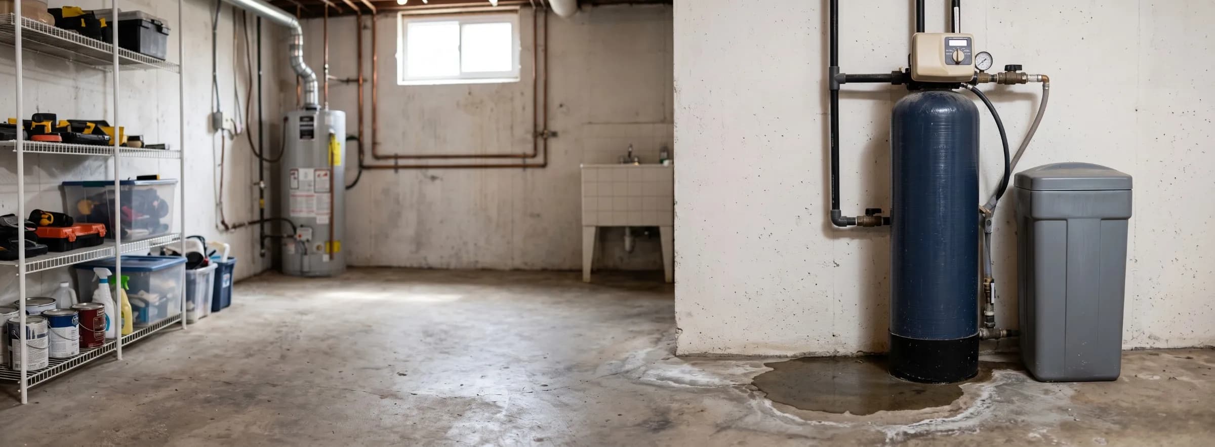 Water softener and brine tank leaking with salt residue staining the basement floor