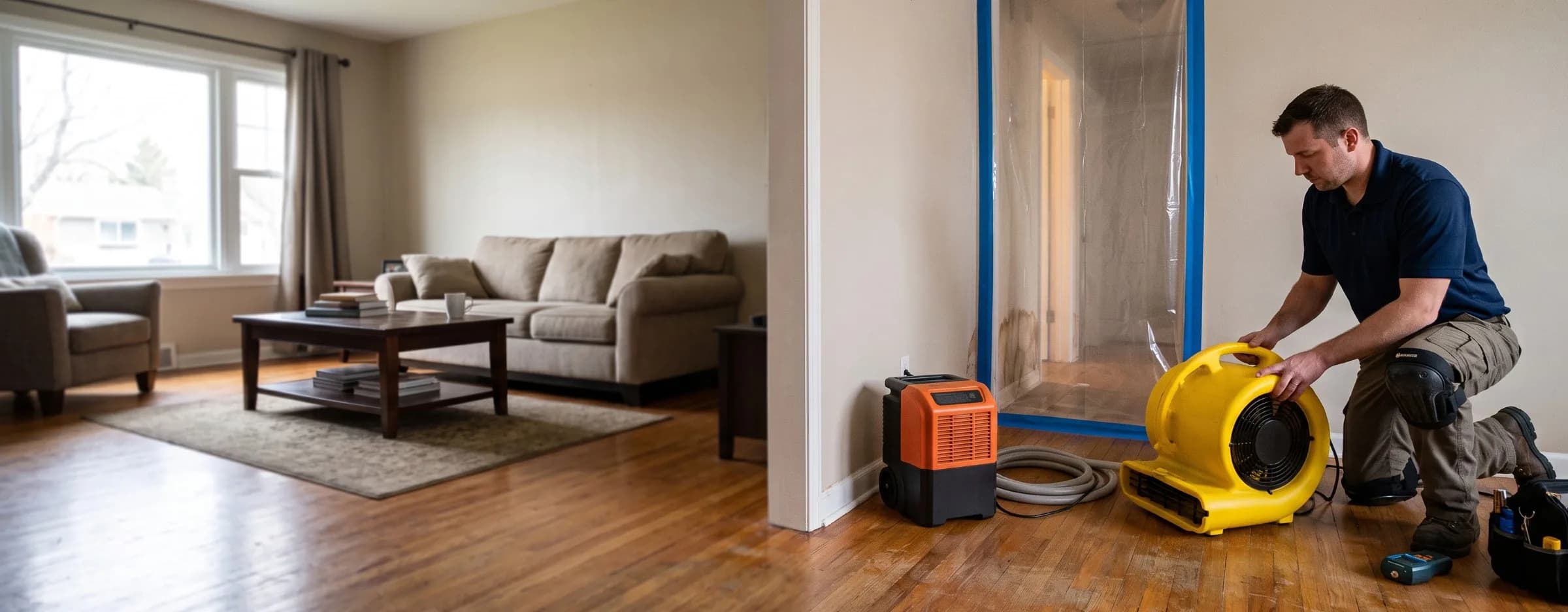 A restoration technician kneeling at a plastic-sealed hallway doorway setting up an air mover, with water staining on the wall inside
