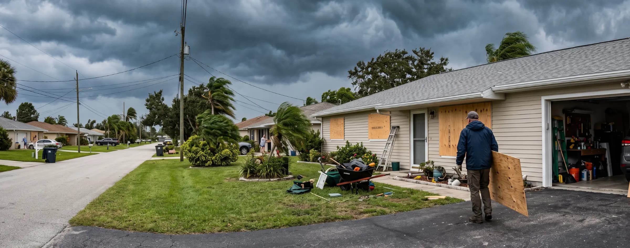 Plywood boarded over windows on a house with dark storm clouds gathering overhead