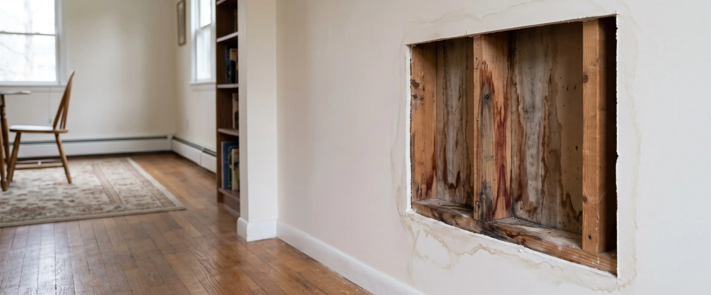 Cut-away section of drywall with a faint water stain above it, exposing water-stained wood framing inside a home