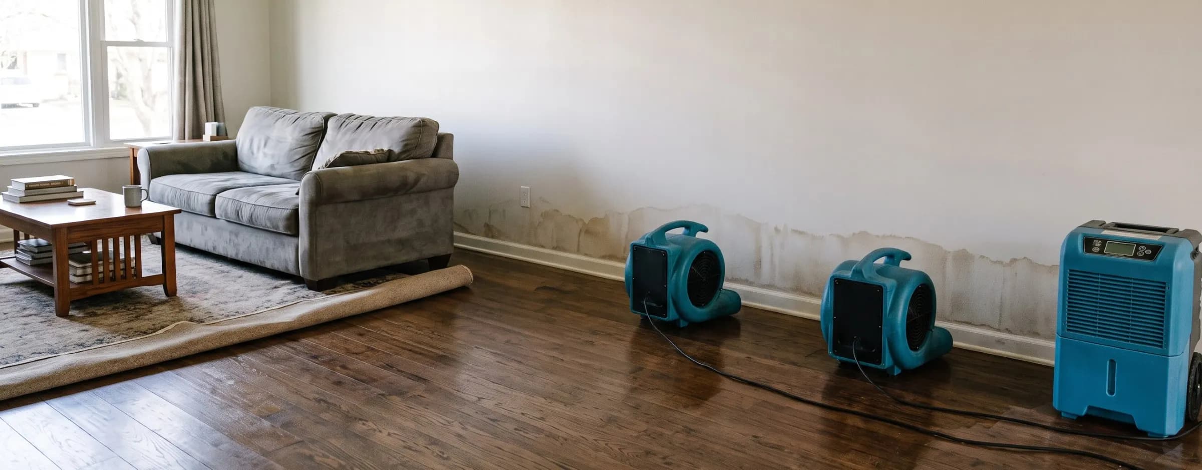 Air movers and a dehumidifier drying a water stained living room wall