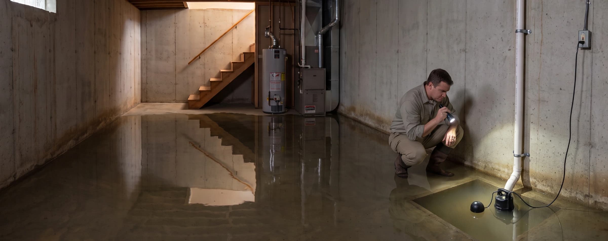 A homeowner crouched beside a flooded sump pump with its discharge pipe still attached, flashlight aimed at the pump as shallow water spreads across the basement floor