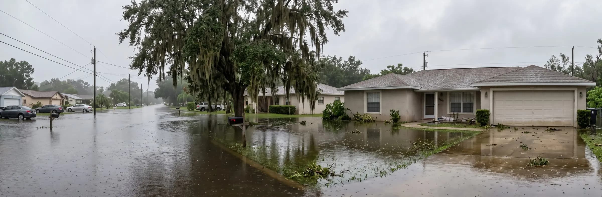 Stucco house with a two car garage, sandbags at the front door, and floodwater across the lawn, driveway, and street in a Tampa, Florida neighborhood