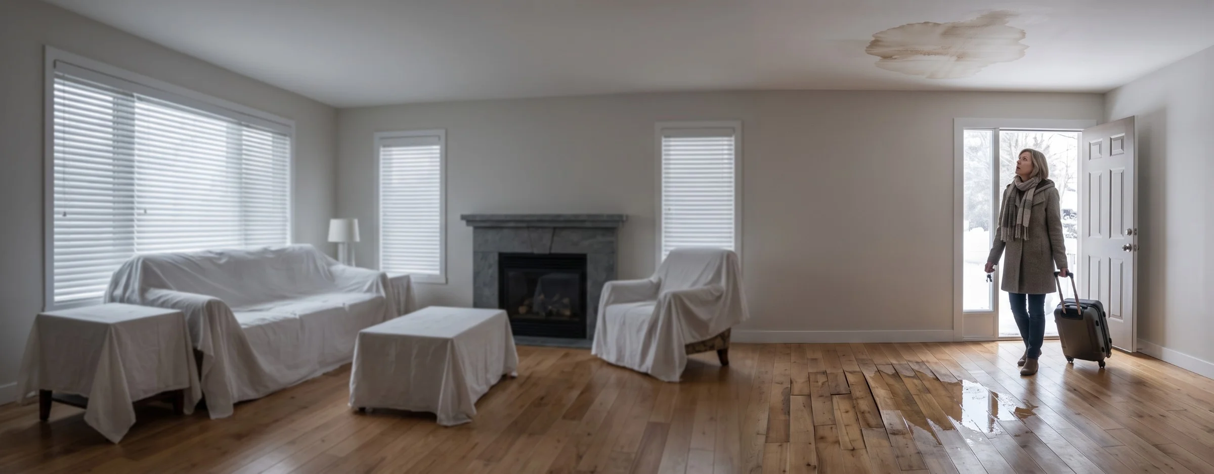 Homeowner in a winter coat with a rolling suitcase stepping inside a closed-up seasonal home, looking up at a water-stained ceiling above wet, cupped hardwood flooring