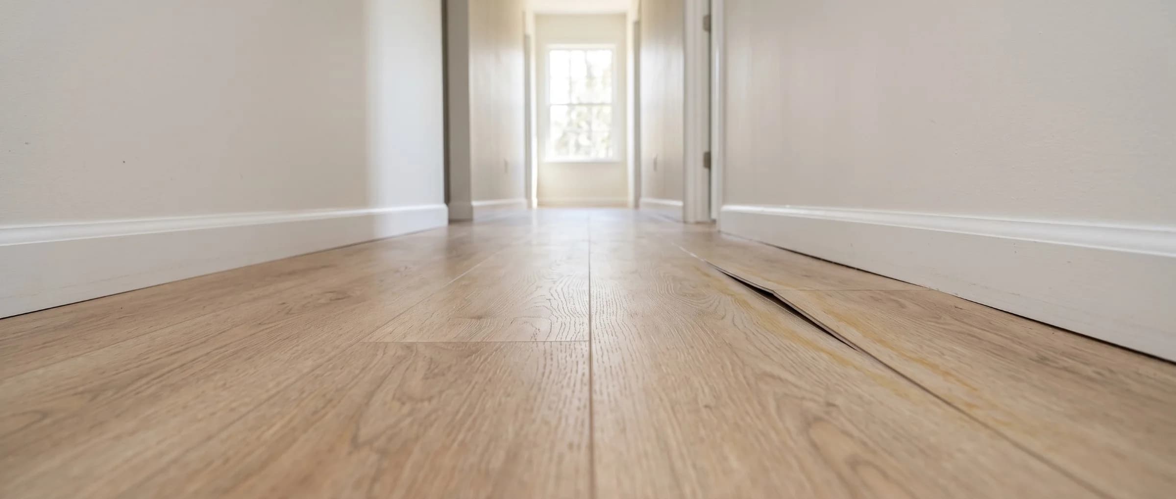 A section of vinyl plank flooring bubbled and lifted at the seam in a hallway