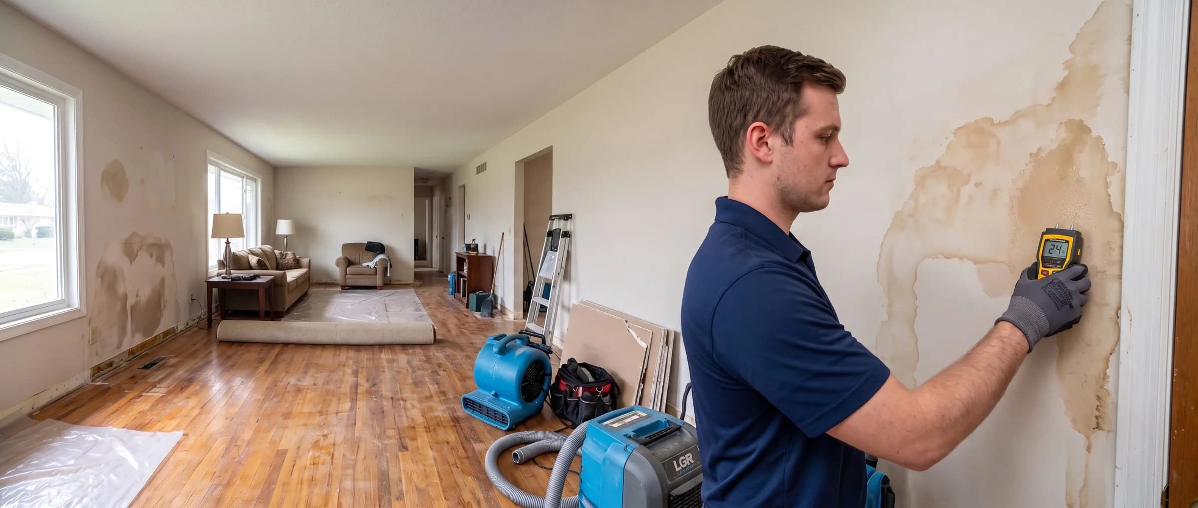 Technician holding a moisture meter against a water-stained wall in a partially dried room with an air mover and dehumidifier running