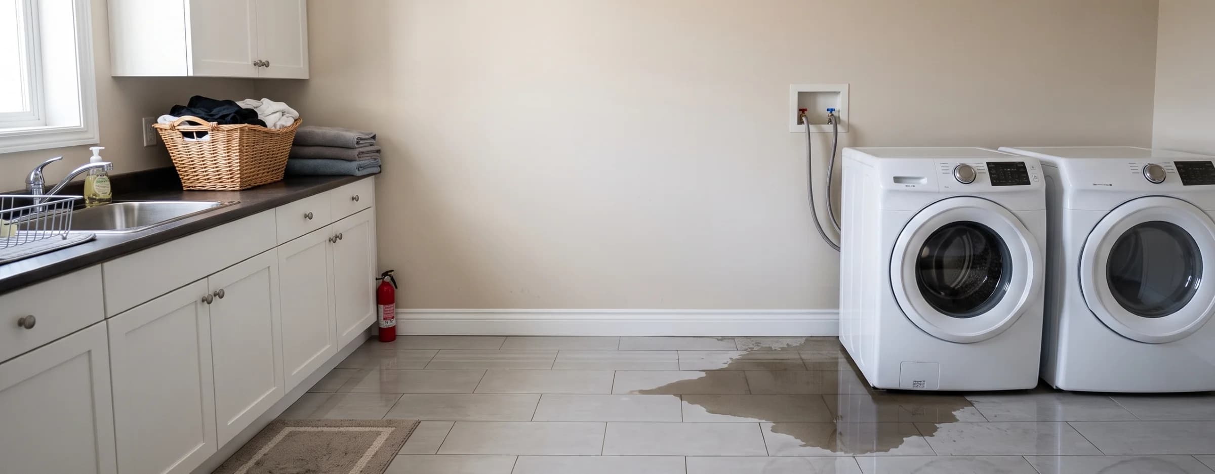 Water pooling on the floor in front of a leaking front-load washing machine in a laundry room
