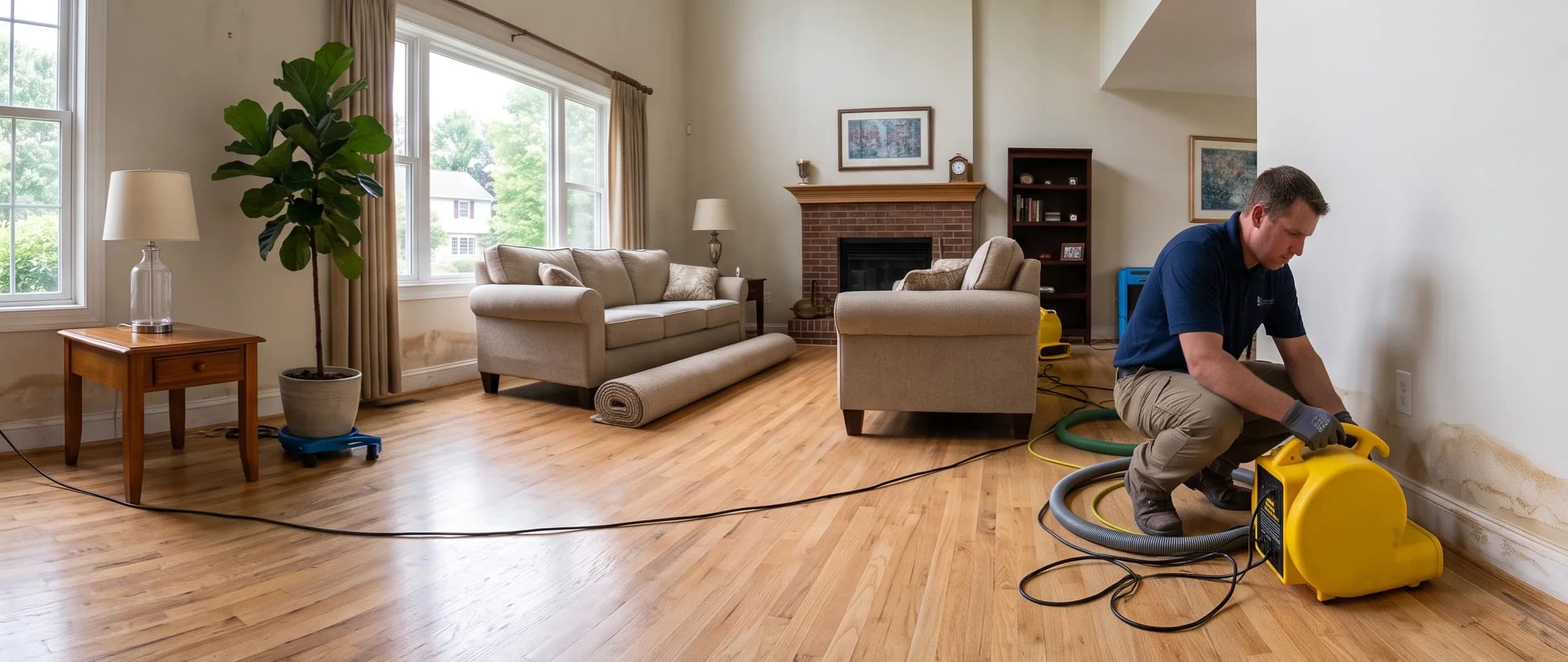 Restoration technician positioning an air mover next to a water-stained wall in a homeowner's living room