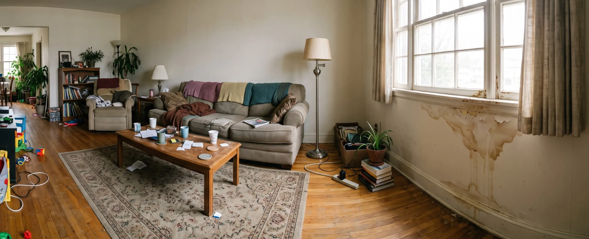 Extensive water staining spreading down the wall around a large window in a living room
