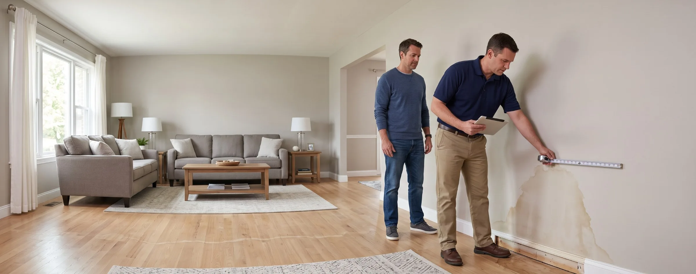 Insurance adjuster measuring a water stain along the base of a living room wall while a homeowner looks on