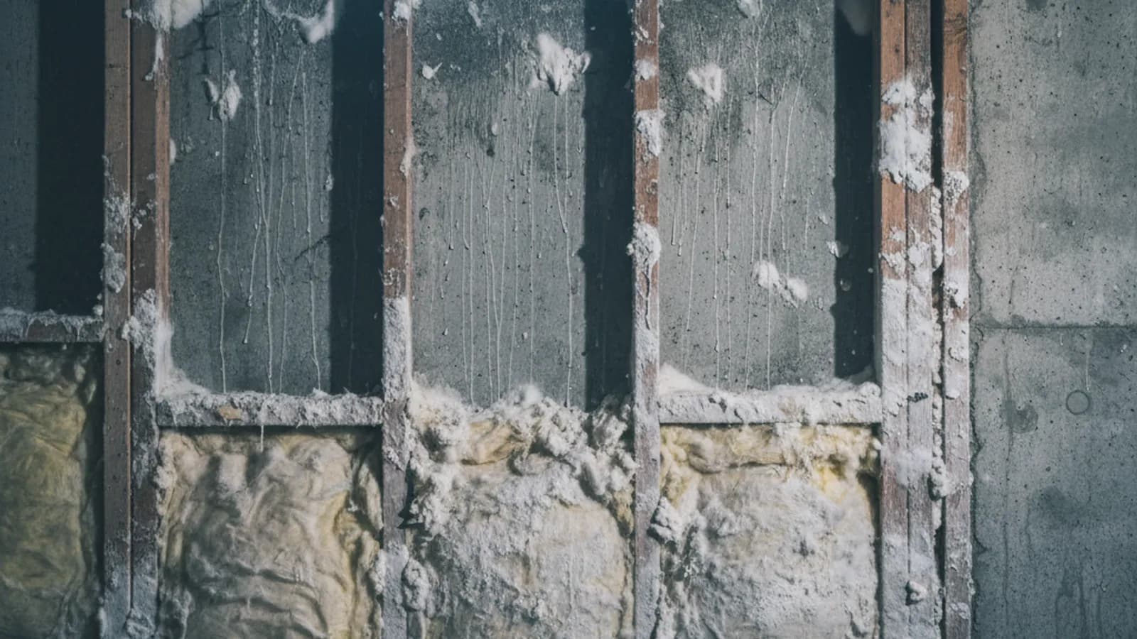 White mold growing on wood framing and insulation in a damp residential basement with humidity condensation