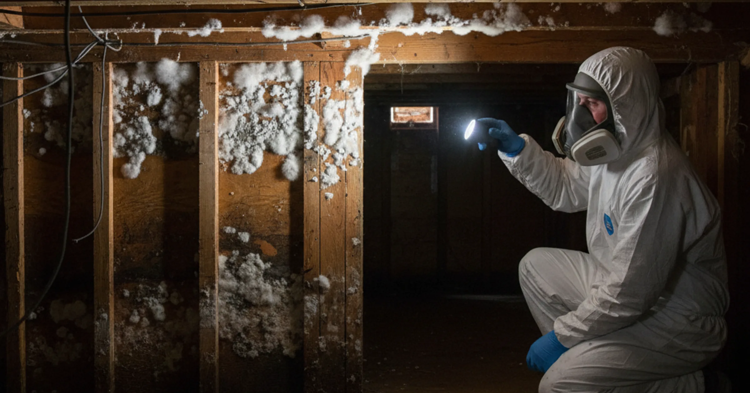 White fuzzy mold covering wood floor joists in a residential crawl space with moisture damage