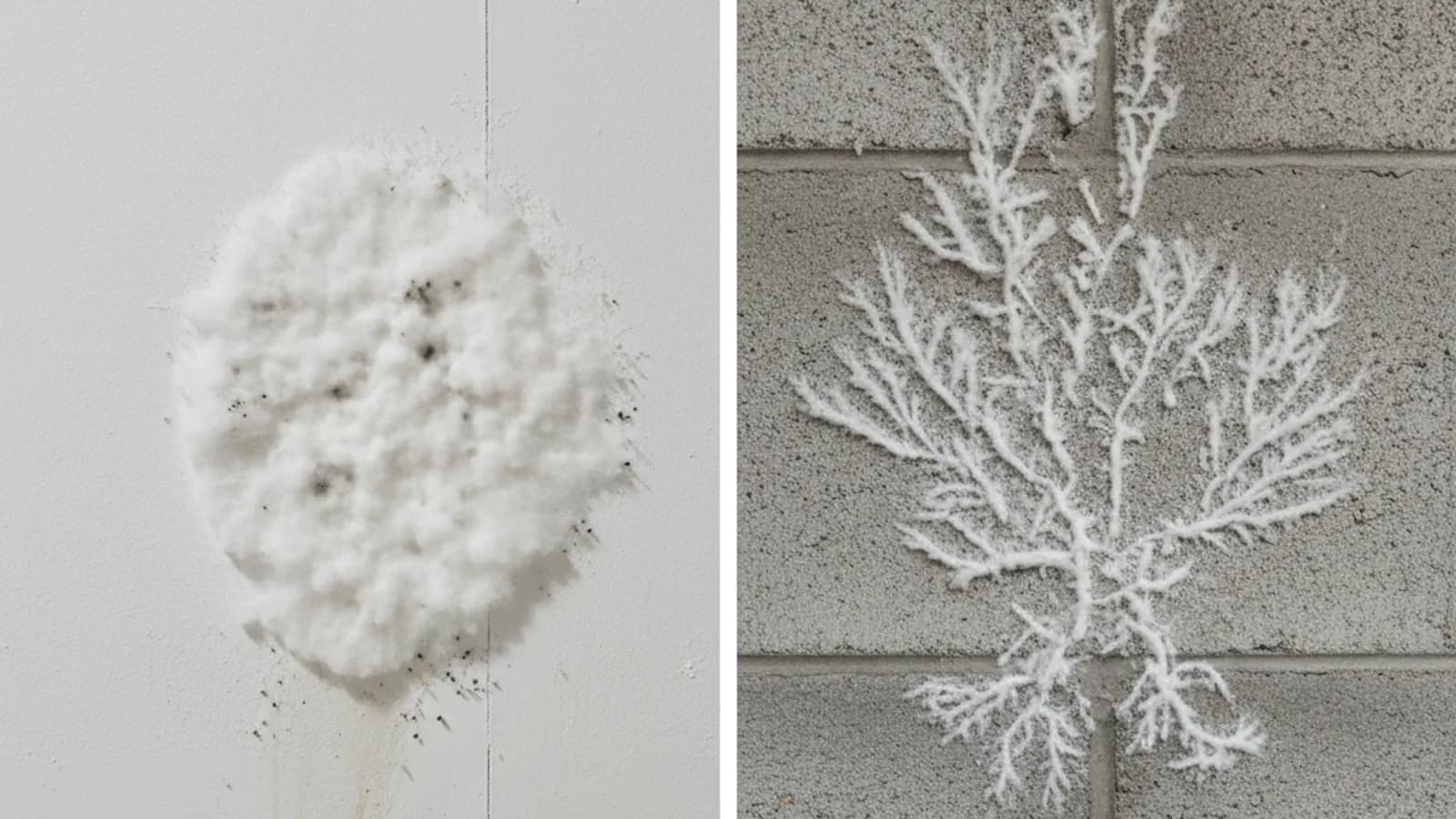 Side by side comparison of white mold growth and efflorescence mineral deposits on concrete basement wall