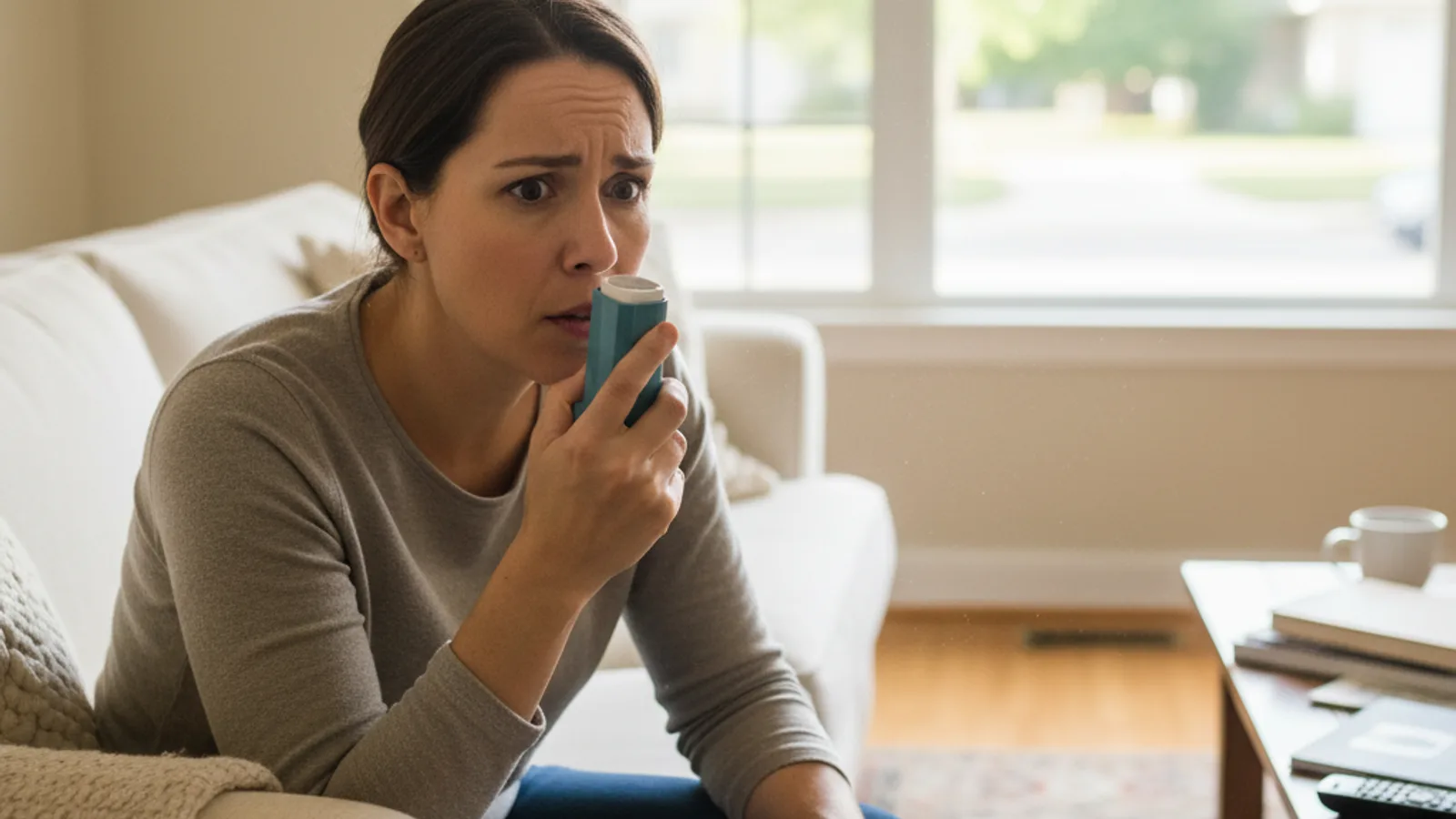 Person experiencing respiratory discomfort from mold exposure holding inhaler in home environment with visible concern