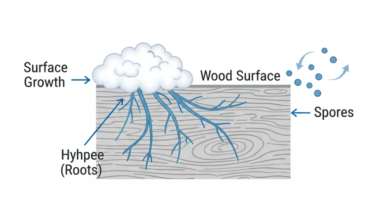 Diagram showing white mold structure with hyphae roots penetrating wood surface and spores releasing into air