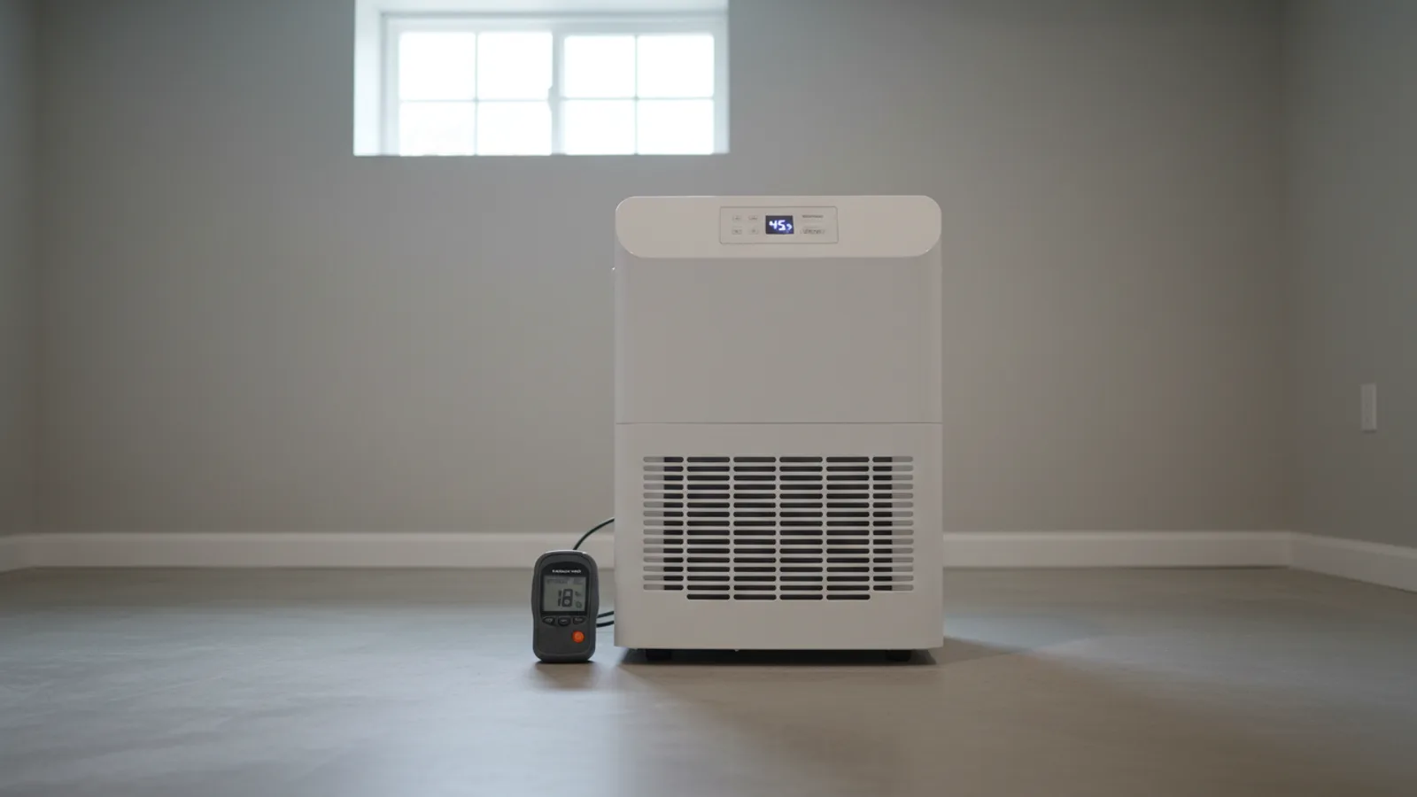 Dehumidifier running in basement next to moisture meter showing controlled humidity level for mold prevention