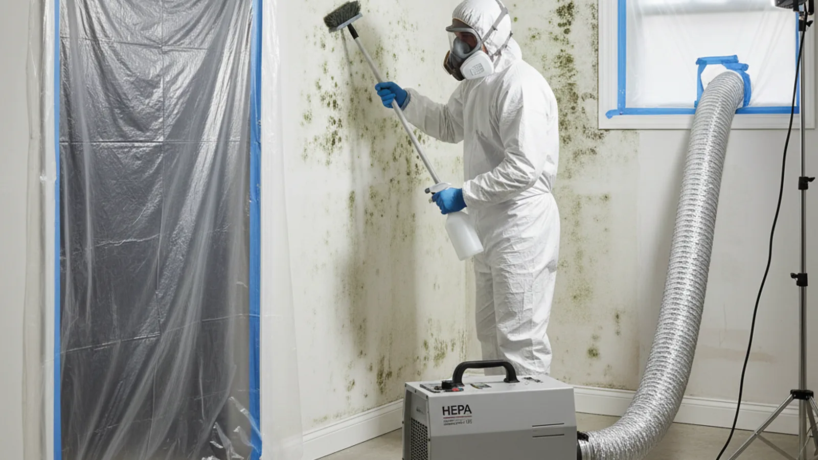 Mold remediation technician in full protective suit and respirator working inside plastic containment barrier with HEPA machine