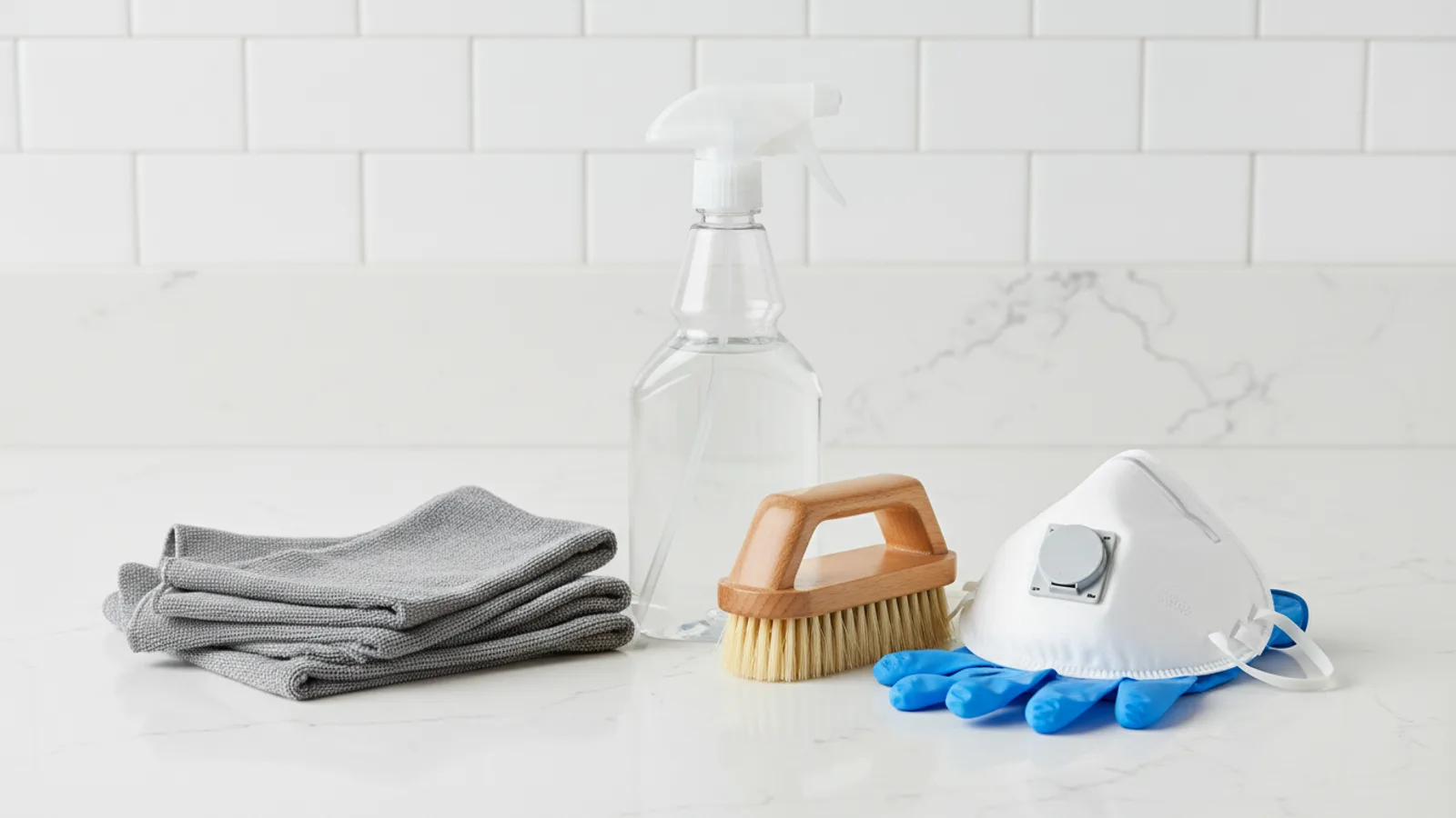 Mold cleaning supplies including spray bottle vinegar hydrogen peroxide scrub brush respirator mask and gloves on white surface