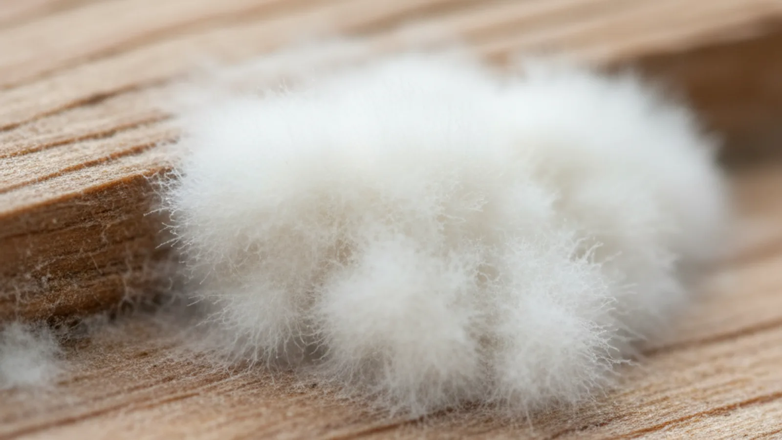 Close up macro view of white fuzzy cottony mold colonies growing on wood showing three dimensional texture