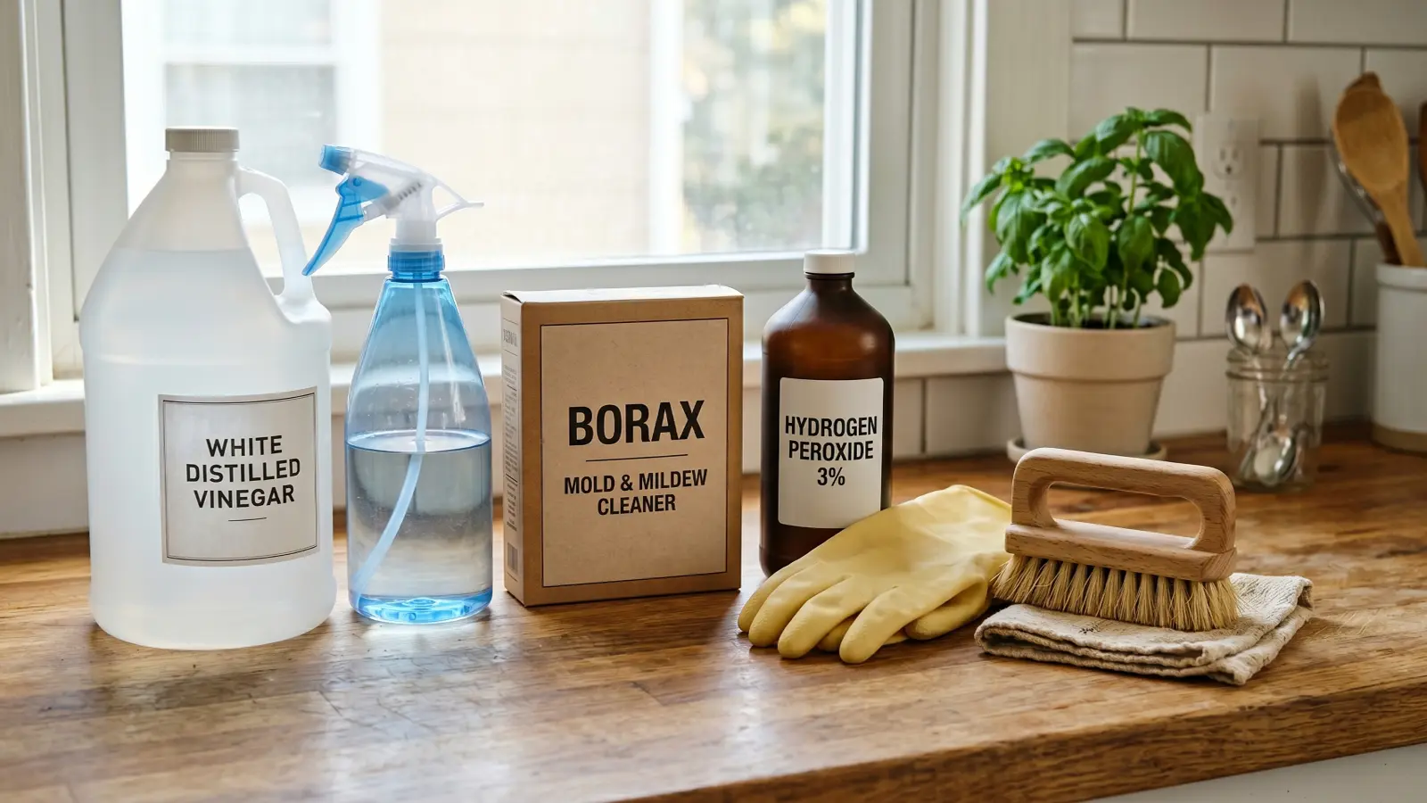 White distilled vinegar, borax, hydrogen peroxide, spray bottle, rubber gloves, and scrub brush arranged on a wood counter for mold cleaning