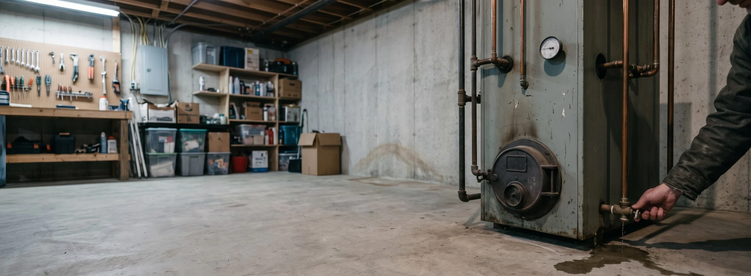 A hand shutting off a valve at the base of a leaking hydronic boiler in a basement