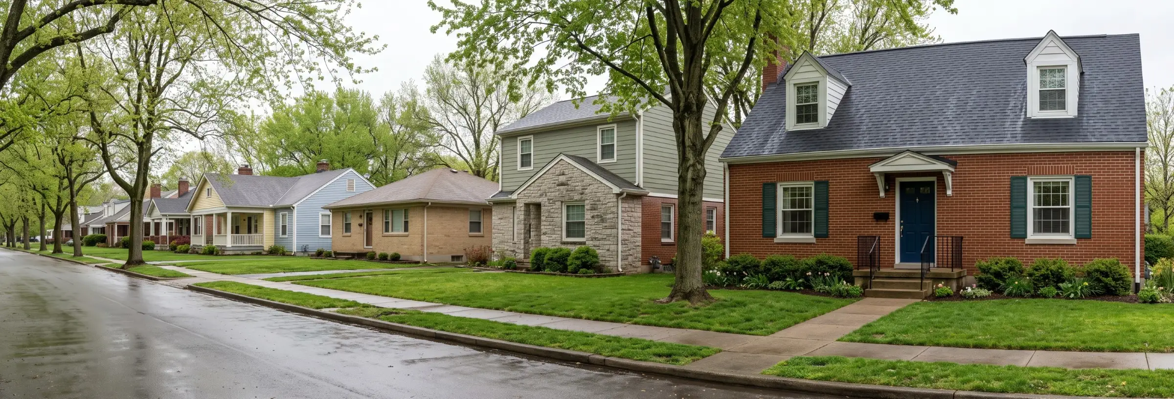 Red brick Cape Cod style house with a steep pitched roof, two dormers, and a navy front door on a tree lined Louisville, Kentucky street after rain