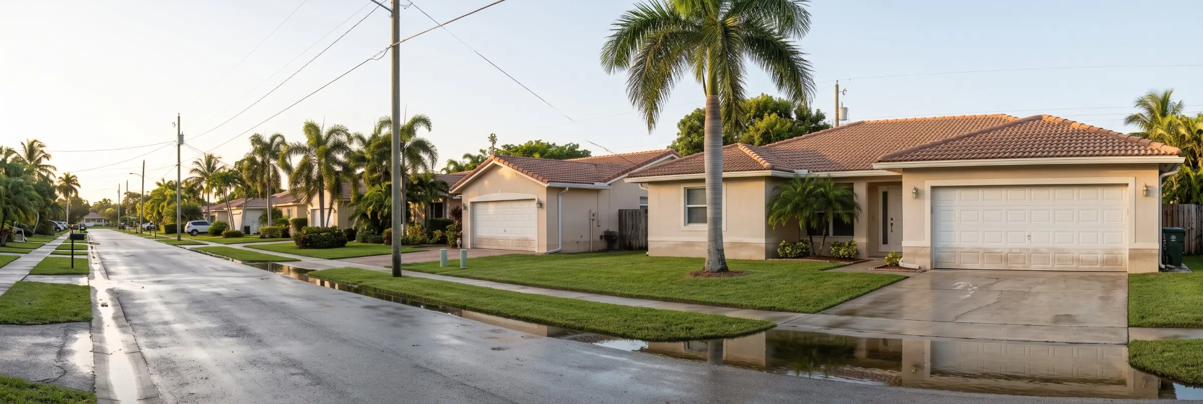 Single story stucco home with an attached garage and palm trees on a Fort Lauderdale street, with tidal water pooled at the curb and driveway