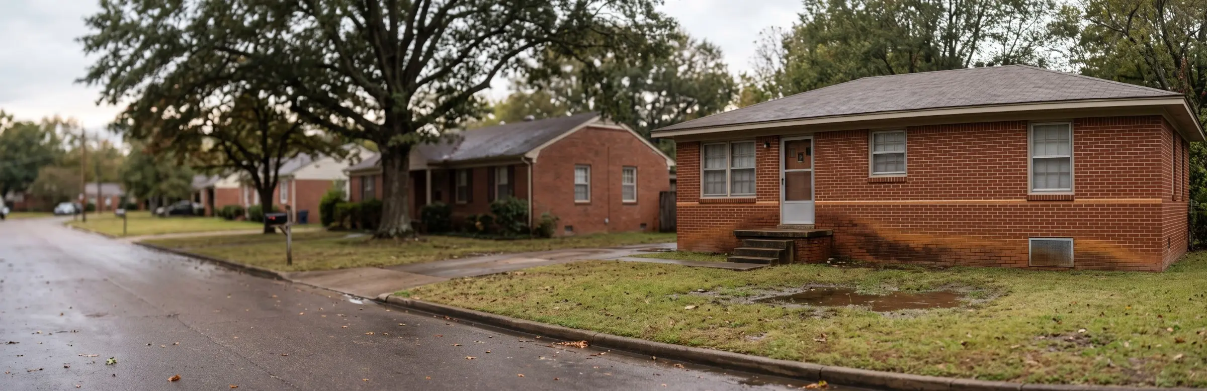 Brick ranch house in Memphis with a water stain line along the lower brick and a foundation vent after creek flooding
