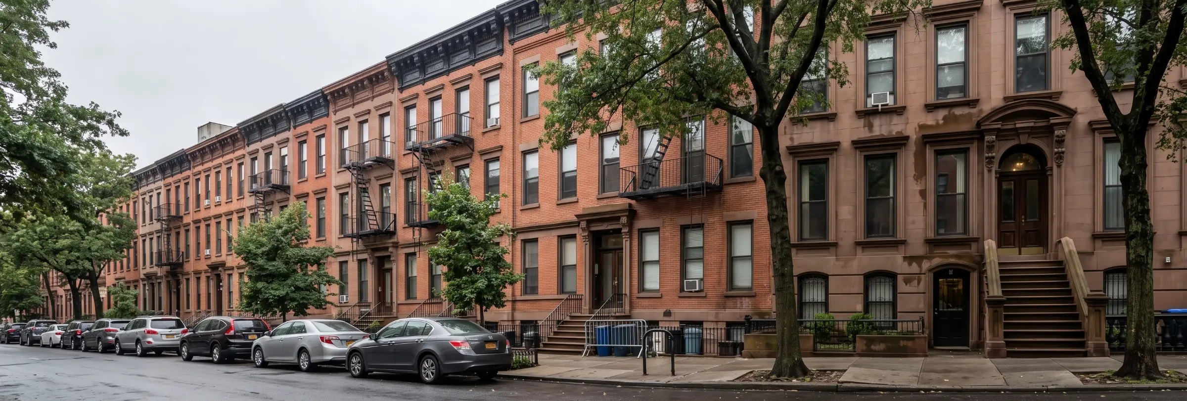 Brownstone row house with a front stoop and garden level entrance on a tree-lined Brooklyn street in New York City