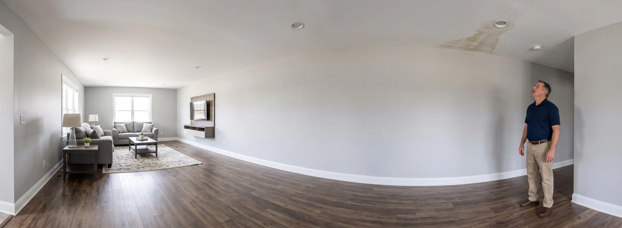 A homeowner inspecting a water stained ceiling in a newly built house