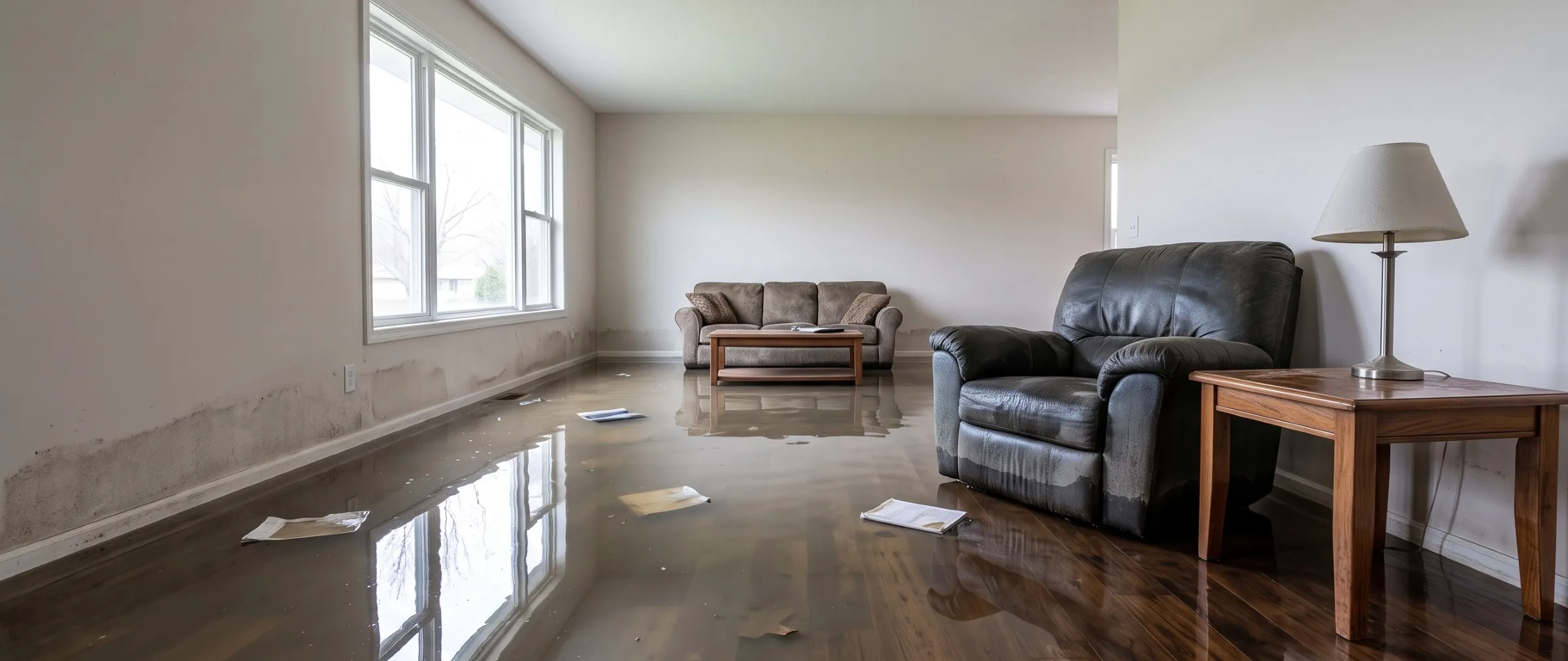 A soaked upholstered armchair and water-stained side table on a wet living room floor