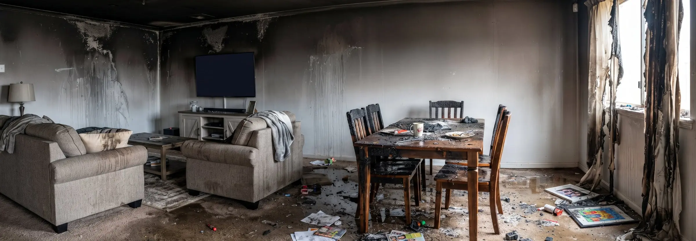 Fire-damaged living and dining room with soot-streaked walls, a couch and armchair facing a wall-mounted TV, and a dining table and chairs on a wet, ash-covered carpet with scattered papers