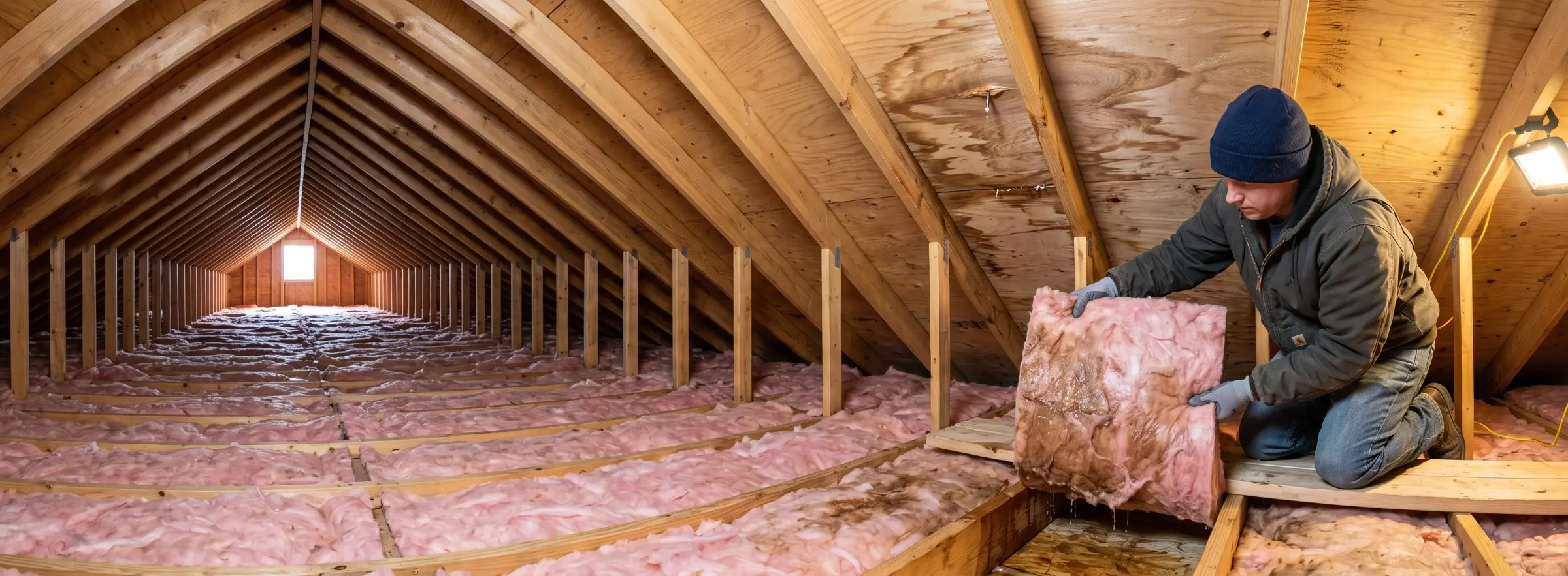 Person kneeling on attic joists holding a matted, water-stained fiberglass batt beneath a stained roof deck