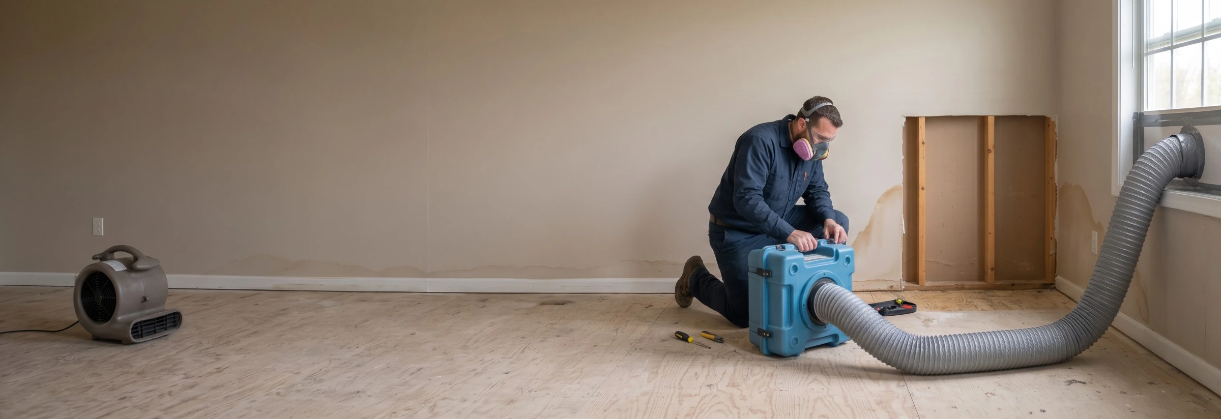 Restoration technician in a respirator kneeling beside an air scrubber ducted to an open window, next to a wall cut open to bare studs with a water stain line on the drywall