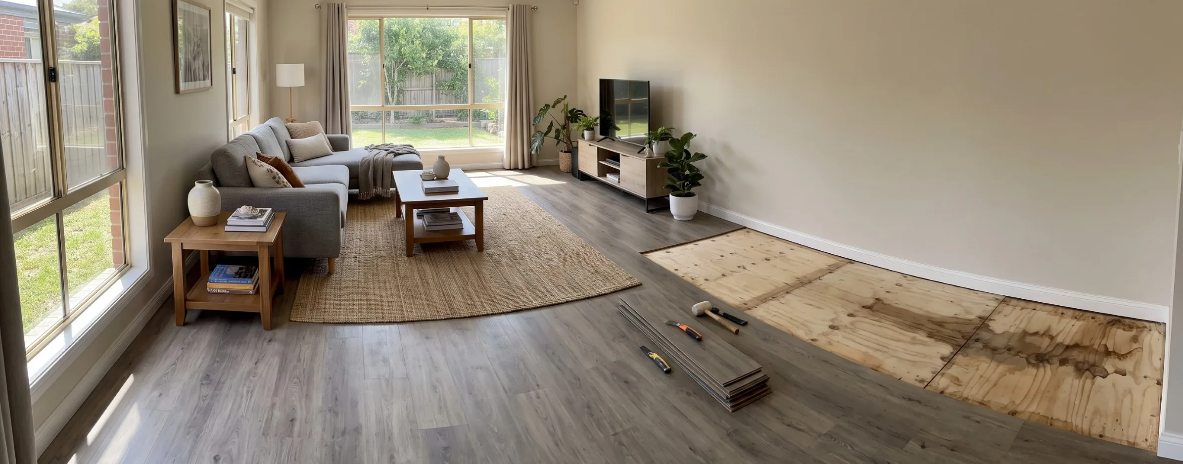 A pulled-up section of vinyl plank flooring against a living room wall, exposing a water-stained plywood subfloor beneath
