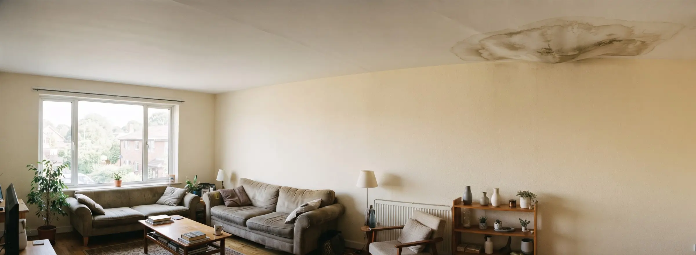 Apartment living room with a water-stained, sagging ceiling patch above a plain wall
