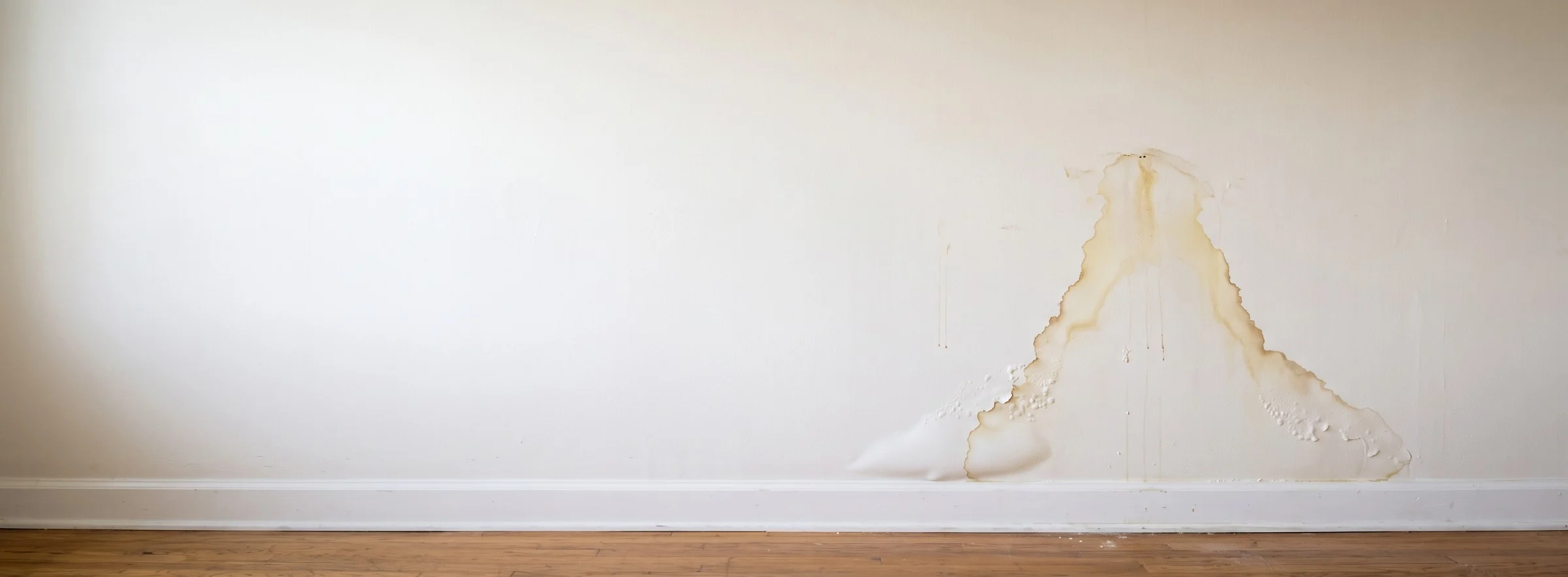 Interior wall with a brown water stain and bubbling paint above the baseboard